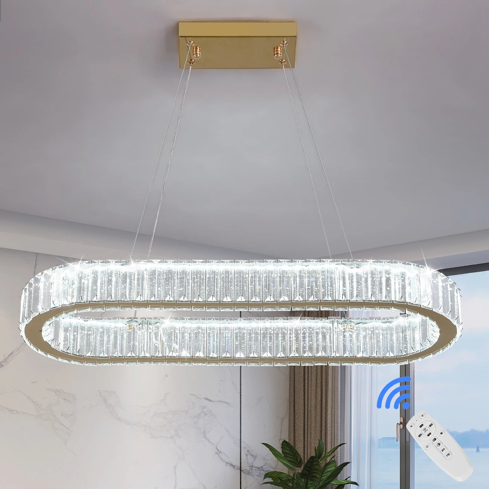 Modern Pendant Light Oval Design Led Chandelier Crystal Hanging Ceiling Lamp Lustre Fixture Living Room Kitchen Island Decor