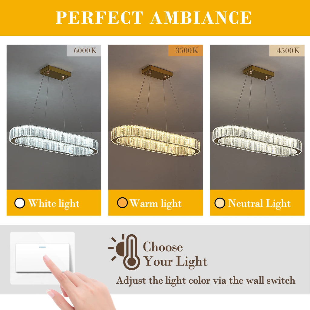 Modern Pendant Light Oval Design Led Chandelier Crystal Hanging Ceiling Lamp Lustre Fixture Living Room Kitchen Island Decor