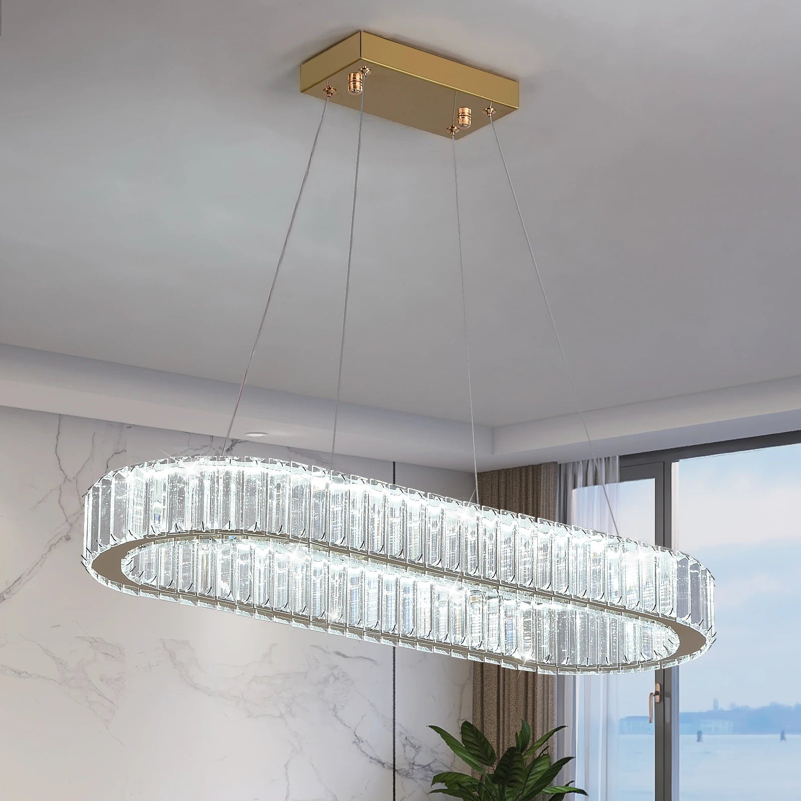 Modern Pendant Light Oval Design Led Chandelier Crystal Hanging Ceiling Lamp Lustre Fixture Living Room Kitchen Island Decor