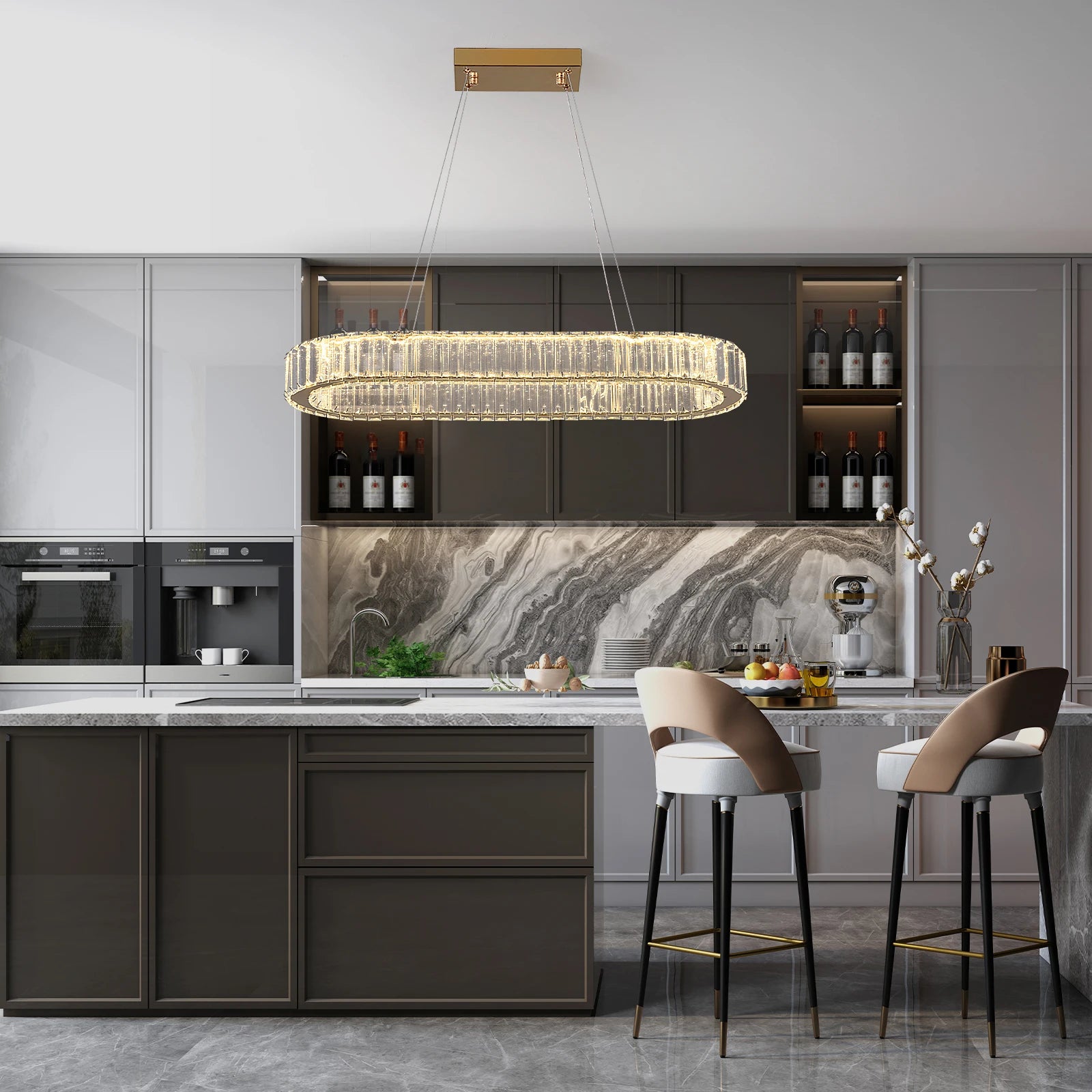 Modern Pendant Light Oval Design Led Chandelier Crystal Hanging Ceiling Lamp Lustre Fixture Living Room Kitchen Island Decor